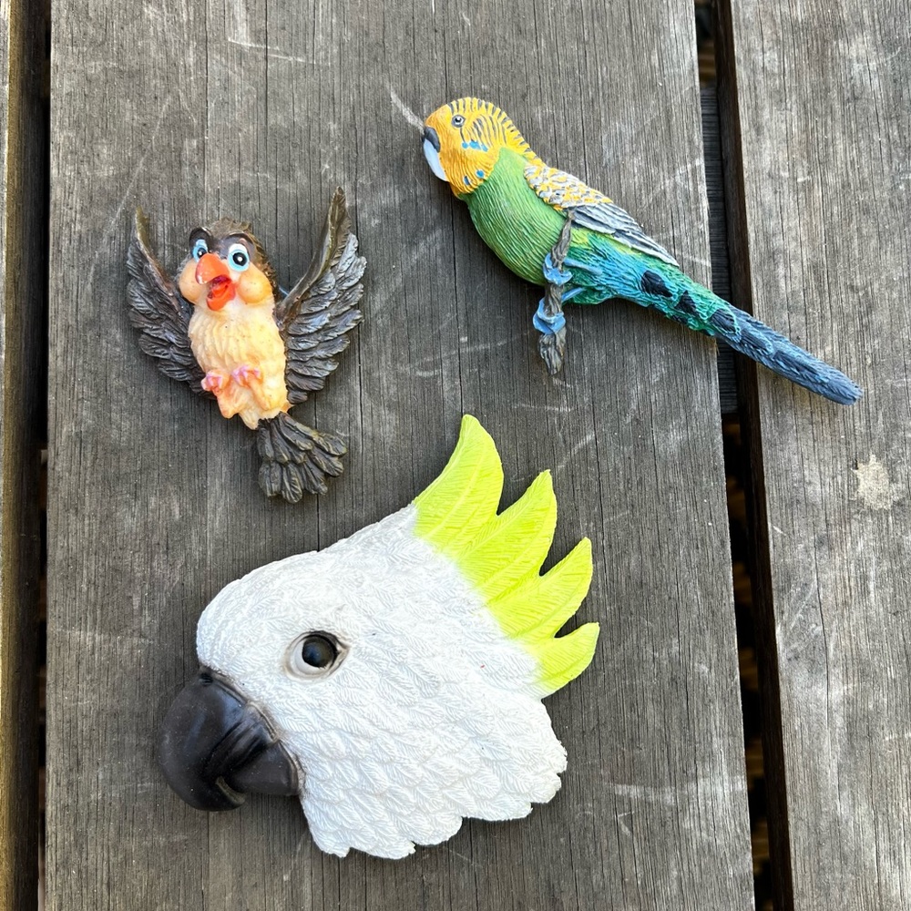 Vintage 90s Bird Refrigerators Magnets Set of Three Cockatoo Parakeet Brown Bird